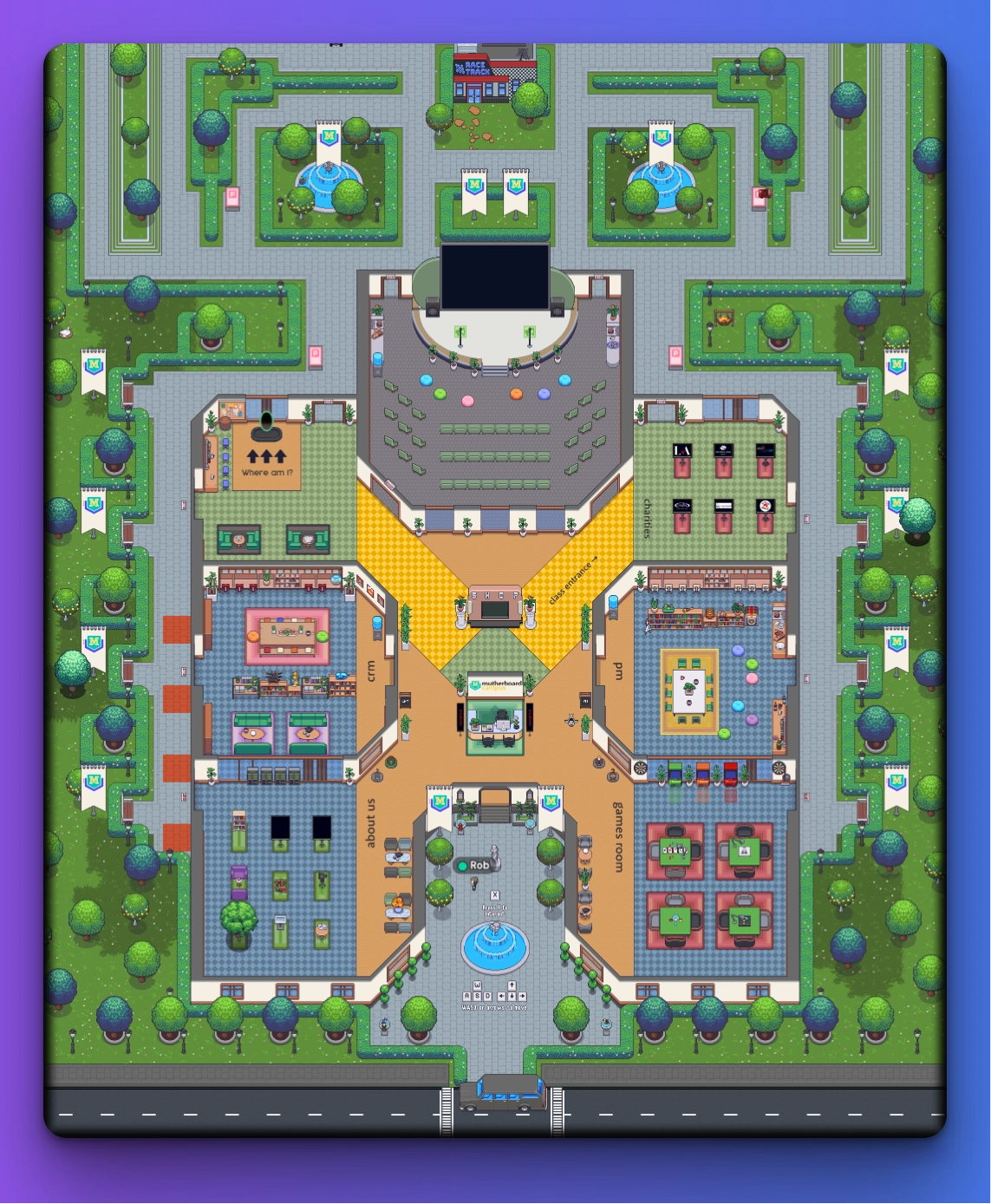 Togather Town campus map showing the main auditorium, expo hall, boardrooms, gardens and social spaces