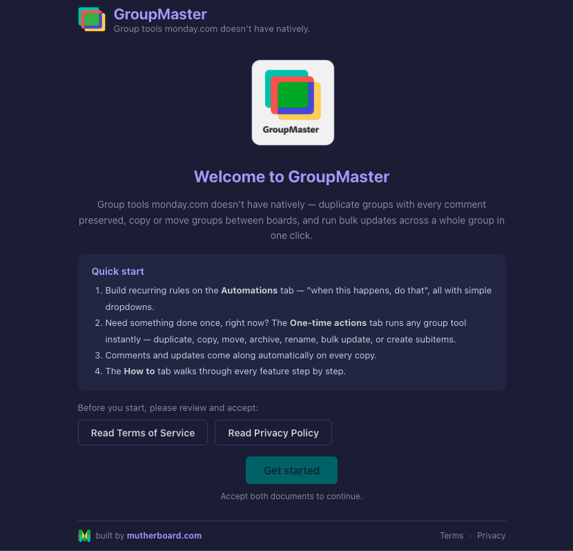 The GroupMaster board view inside monday.com