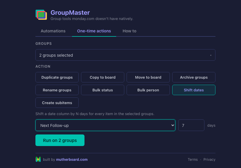 GroupMaster one-time actions with a multi-select group picker