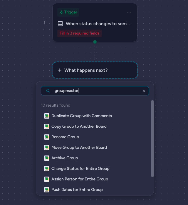 A GroupMaster action in monday Workflows