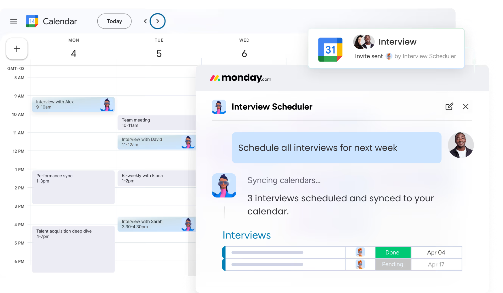 Interview Scheduler scheduling interviews on monday.com and Google Calendar